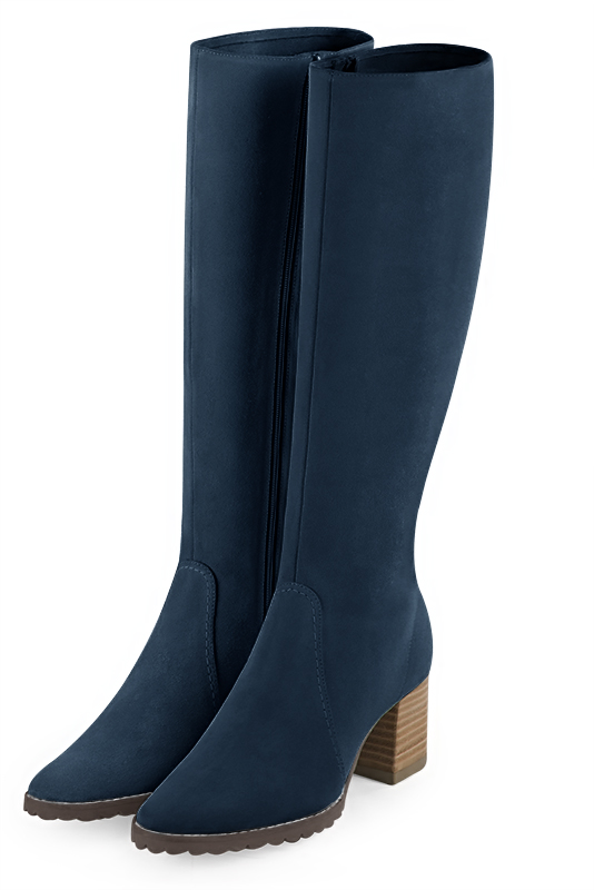 Navy blue women's riding knee-high boots. Round toe. Medium block heels. Made to measure. Front view - Florence KOOIJMAN